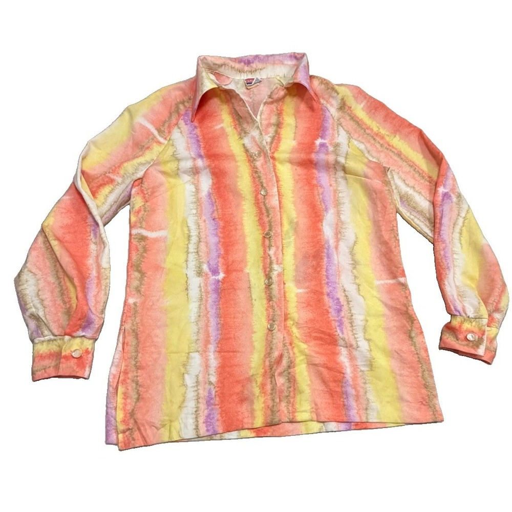 Vintage Pykettes Women's Size 14 Watercolor Stripe Blouse Button Front 80s 90s